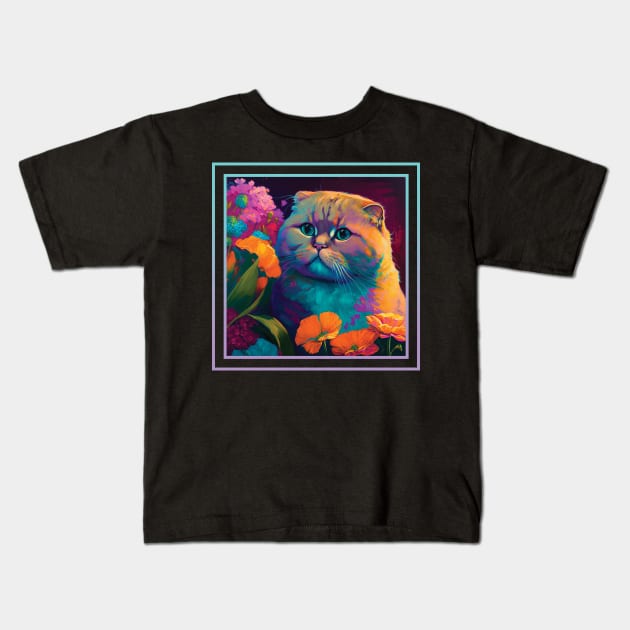 Humble Scottish Fold Cat Vibrant Tropical Flower Digital Oil Painting Portrait Kids T-Shirt by ArtHouseFlunky